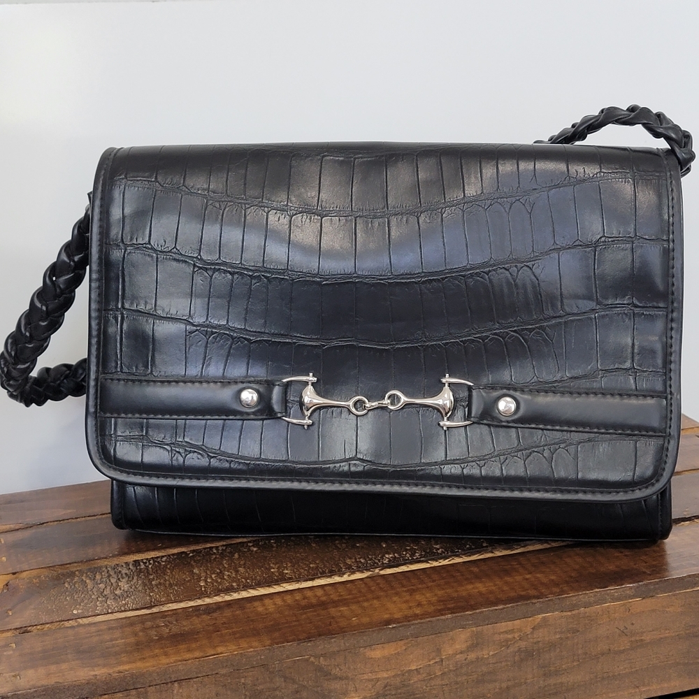 Vintage Black Faux Leather Croc Chain Shoulder Bag